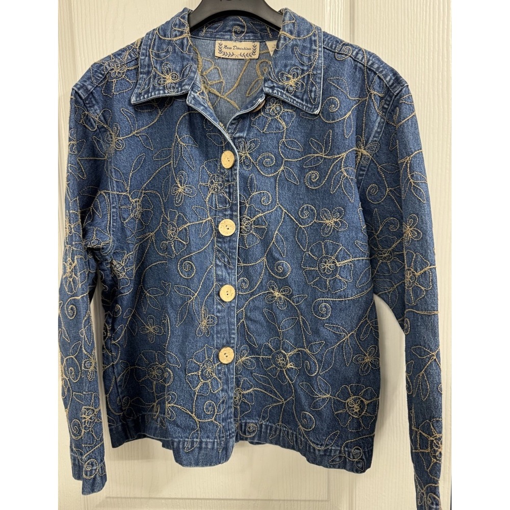 New Directions Embroidered Denim Jacket Womens Small Blue Floral‎ Art Boho